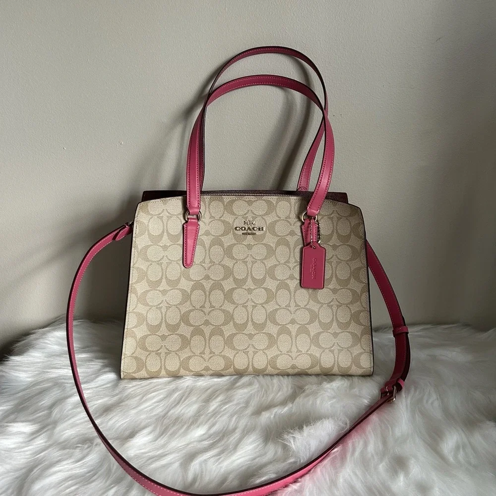 Coach Tatum Carryall 28 Khaki‎ Pink Signature Canvas Leather Bag Excellent
